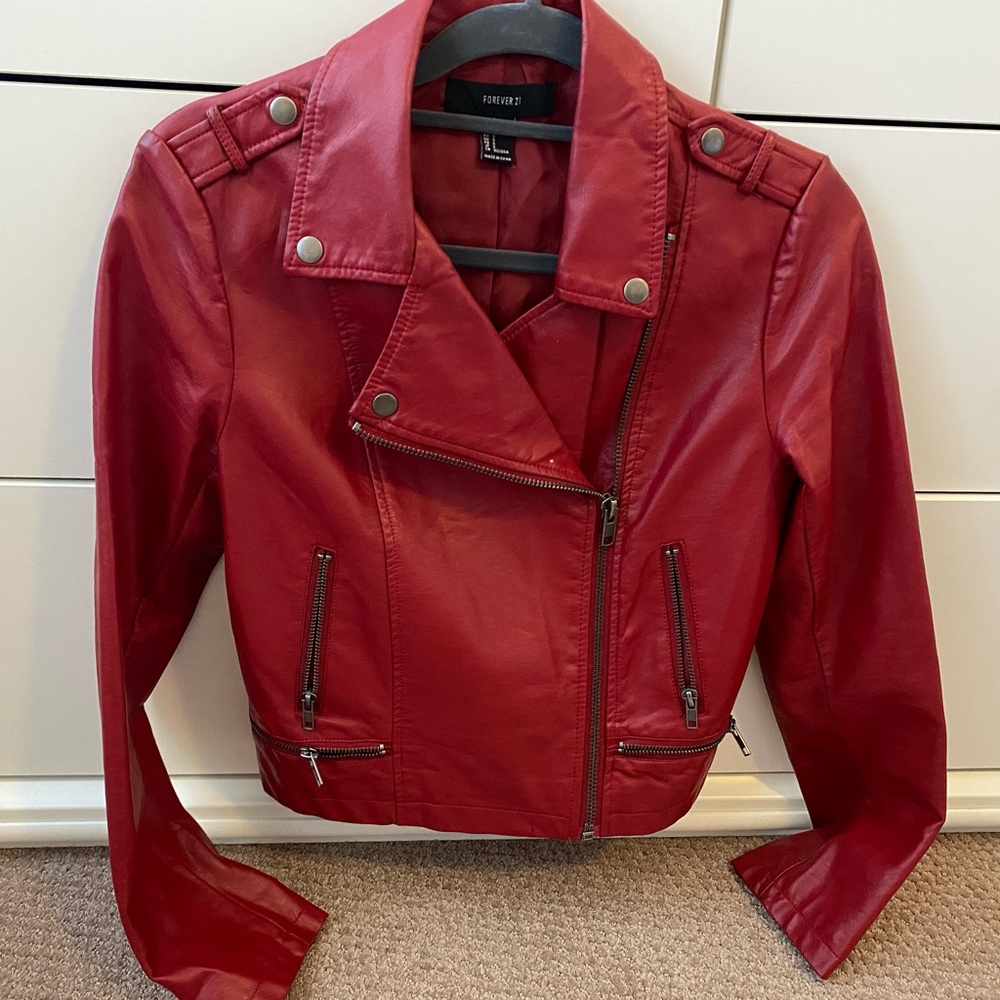 Red faux leather biker jacket